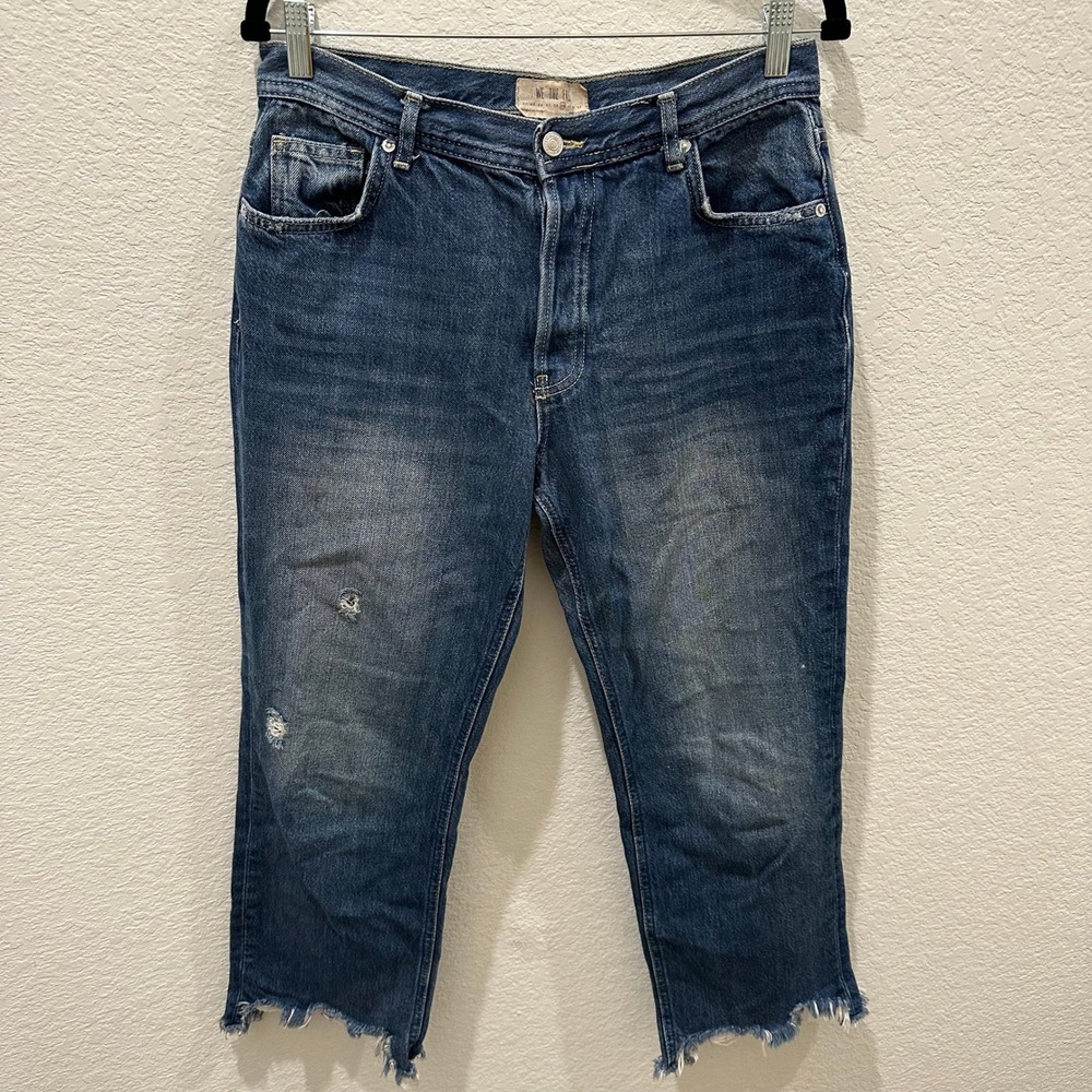 We The Free Free People Distressed Straight Leg Raw Hem Jeans Blue Denim Size 29